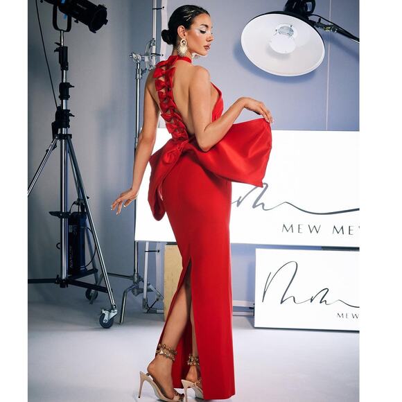 NWT Mew Mews Milada Bow Bandage Split Dress in Red Small - Picture 1 of 9